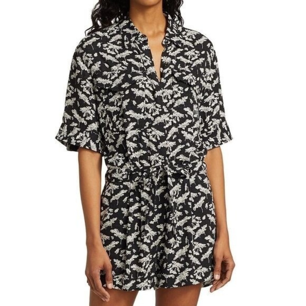 Rag & Bone Romper Black Floral Button Down Short Sleeve Womens Size 10